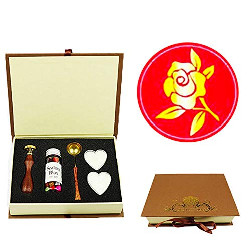 YGHM Rose Wax Seal Stamp Kit Gift Book Box Rosewood Handle Wax Beads Melting Spoon Set,Wedding Invitations Letters Seal Stamp