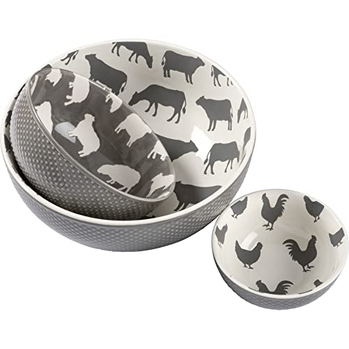 Primitives-by-Kathy-Set-of-3-Farm-Animal-Themed-Decorative-Stoneware-Bowls-Chicken-Cow-Sheep Primitives by Kathy Set of 3 Farm Animal Themed Decorative Stoneware Bowls Chicken Cow Sheep