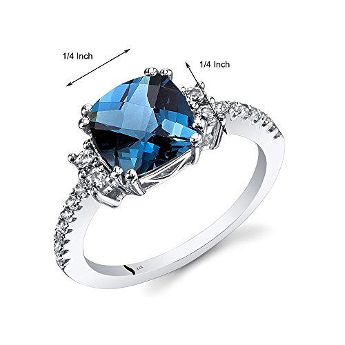 Peora London Blue Topaz Ring For Women 14K White Gold With White Topaz, Natural Gemstone Birthstone, Designer 2.50 Carats Cushion Cut 8Mm, Comfort Fit, Size 5 #TOP2