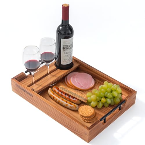 Serving Tray with Handles, 17"x12" Wooden Tray with Removable Wine Glass Holder Ottoman Tray Wood Serving Trays with Metal Handles for Breakfast, Dinner, Coffee Table, Food Drinks