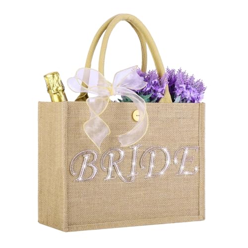 Wukfuiui Bride Tote Bag Large Jute Tote Natural Wedding Shower Gift Bag with Gold Diamond &Ribbon Bridal Gifts for Bride to Be, Future Mrs, Engagement, Bachelorette Party Gift