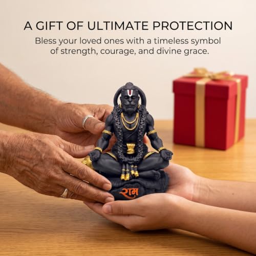 Image of Golden Legacy Meditating Black and Gold Hanuman Idol - 3.25 Inch Divine Seated Bajrangbali Murti with Gada for Car Dashboard, Home Mandir, Office Desk - Auspicious Vastu Showpiece and Spiritual Gift