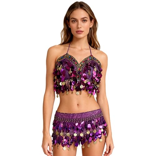 Costume de danse orientale en polyester résistant avec soutien-gorge et foulard de hanche durable