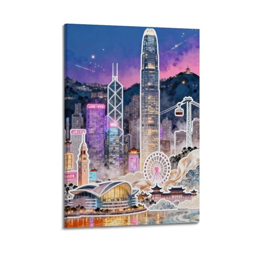 OKNGB Póster decorativo de collage de paisaje del horizonte de Hong Kong, póster decorativo para pared e impresión artística moderna para dormitorio familiar, pósteres de 30 x 45 cm