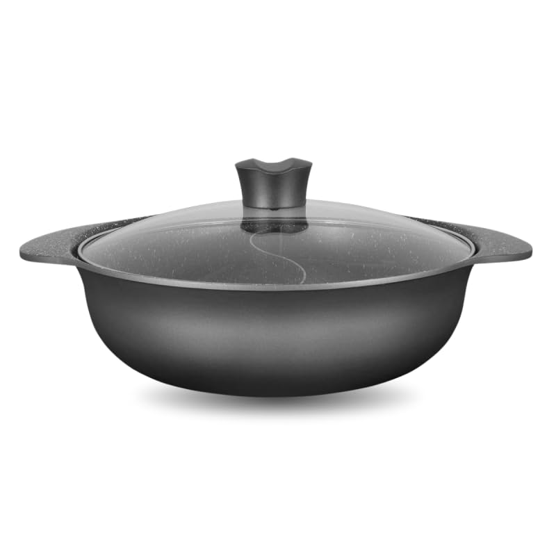 VENTEO KitchenPro Cocotte Double Compartiments 28cm 4L | Cocotte Fonte | Casserole Induction | Cuisson Séparée | Revêtement Antiadhésif | Couvercle Verre Régulation Vapeur | Utilisation Tous Feux Four