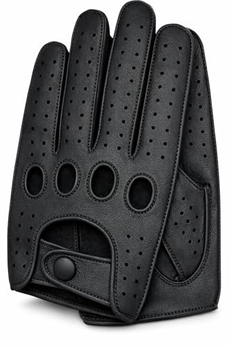 Image of Riparo Men's Leather Driving Gloves - Genuine Cowhide Full-Finger Gloves for Driving & Motorcycle Riding - Breathable Perforated Motorsport Style