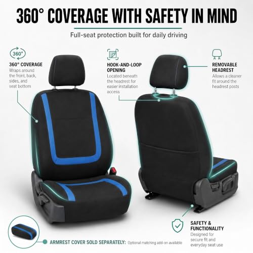 Image of FH Group Car Seat Covers Front Set in Cloth -Car Seat Covers for Low Back Car Seats with Removable Headrest,Universal Fit,Automotive Seat Covers,Washable Car Seat Cover for SUV,Sedan,Van Blue