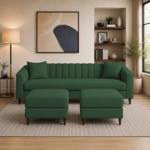 Image of Doraldo 3 Seater Sofa Set with 2 Ottoman for Living Room (Green) Premium Fabric Sofa