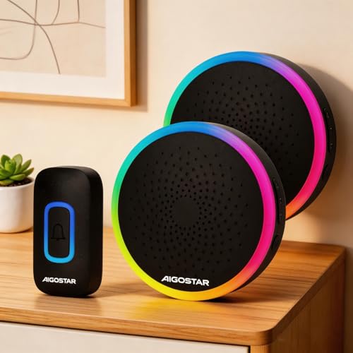 Aigostar Timbre Inalámbrico Rgb, Timbre Inalámbrico Exterior Impermeable Sin Pilas, Ip55, 5 Niveles De Volumen 0-120db Y 60 Melodías, Negro 2 Receptor Y 1 Transmisor