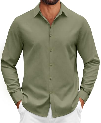 COOFANDY Camisa de Algodón de Manga Larga para Hombre de Vestir Elástica Informal Camisa de Traje Formal Verde Militar L