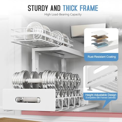 Image of Under Sink Organizer Upgrade To Professional Rails,2-Tier Dual Pull Out Cabinet Storage,Height Adjustable Slide Out Drawers For Bathroom Kitchen,2 Pack-16.7 inchDx12.8 inch-16.9 inchH,White