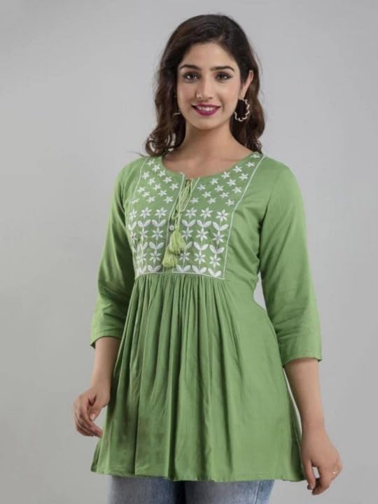 Image of Avayayat Women's Rayon Classic Heavy Embroidery Top with Beautifull Tassels at Front and on Both Sleeves Regular Fit Office Wear Festival Tunic Jeans Summer
