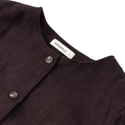 Amazhiyu Women's Linen Blend Round Neck Button Up Blazers Long Sleeve Coat Office4