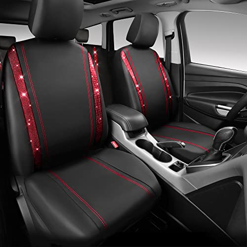 Image of CAR Pass Bling Car Seat Covers Full Set, Shining Rhinestone Diamond Waterproof Faux Leather, Rear with Zipper, Universal Fit Automotive Glitter Crystal Sparkle Strips for Women Girl, Black Red