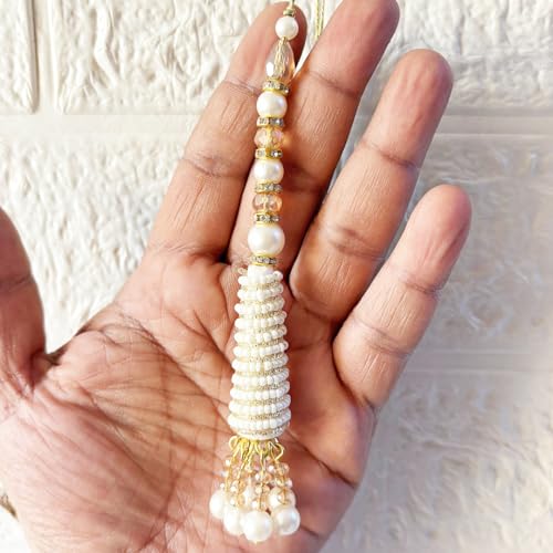 Image of Adikala Craft Store Handmade Ethnic Latkan Tassel Set of 2 for Saree Pallu, Blouse, Suits, Dupatta, Lehenga Decor (White French Wire)