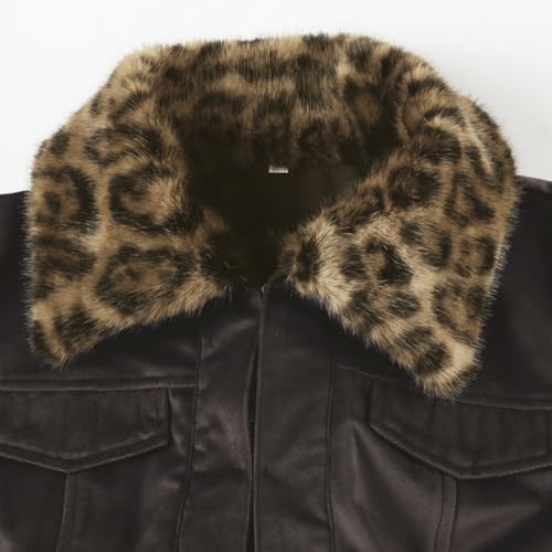 Women's Y2K Leopard Print Faux Fur Jacket Open Front Button Long Sleeve Cropped Fuzzy Outwear Cheetah Trim Jacket4