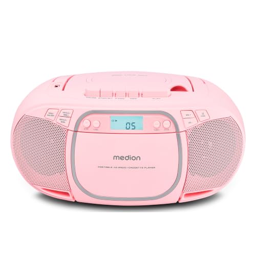 MEDION E66476 Stereo Sound System (Boombox, CD-Player, MP3, Kassette, tragbarer Kassettenspieler für Kinder, UKW Radio, AUX, Kopfhörer, Netz & Batterie) Pink