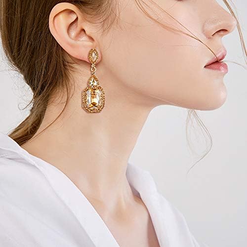 Clearine Wedding Bridal Clip On Crystal Emerald Cut Infinity Figure 8 Chandelier Dangle Earrings for Women Champagne Gold-Tone - Image 3