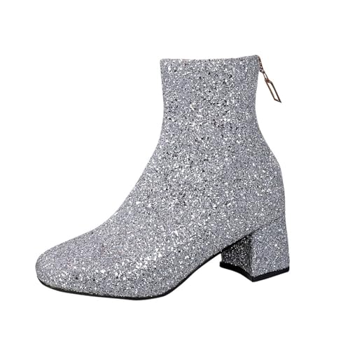 Bottes à chevilles pour femmes imperméables confortables à talon épais Bottines de marche avec strass Élégantes à enfiler avec paillettes Bottes Western...