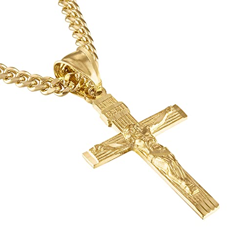 14K Gold Style Curb Chain Cross Pendant Necklace 4MM Cross Necklace Clasp for MEN, HUSBAND Thin for Charms Miami Cuban Link Diamond Cut Religious Crucifix