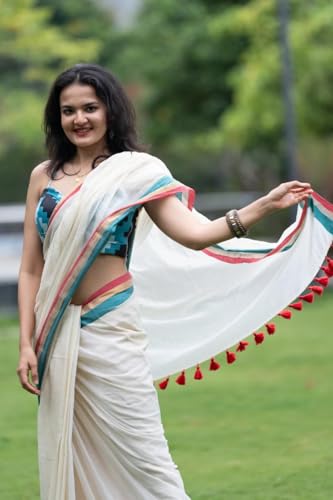 Image of Sudip callection Handloom Mul Cotton Saree for Women - Bottle Green with Pink Border Golden Zari Line & Tassel Pallu