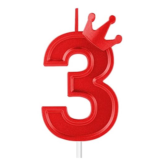 7,6cm Velas de Cumpleaños Números, Velas de Cumpleaños Grandes Velas Numeros 3D para Tartas con Decoración de Corona Cake Topper para Boda Valentín Aniversario Festival Fiesta (Rojo, 3)