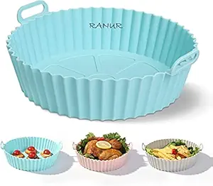 RANUR Washable Air Fryer Silicone Pot with Ear Handles, Air Fryer Liner Silicone Baking Tray Easy to Clean, 6.5 in Bottom, Nonstick Reusable Air Fryer Basket, Heat Resistance Pack of 1 (Blue)