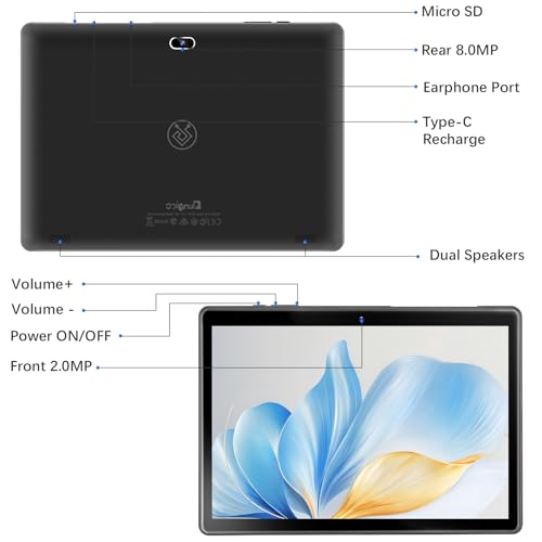 Tablet Android de 10 polegadas, 32 GB de armazenamento, quad-core, tela HD IPS, câmera dupla, WiFi, Bluetooth, tablets com bateria de 6000 mAh, tipo C (cinza) - Imagem 6