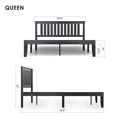 Mellow Marley 14 Inch Solid Wood Platform Bed with Paneled Headboard, Ebony Black, Queen