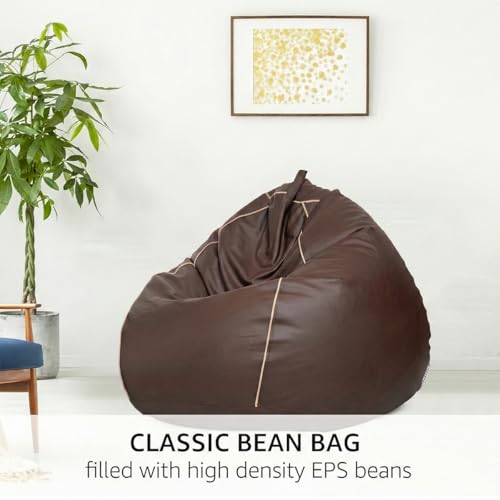 Image of Amazon Brand - Solimo 5XL Premium Faux Leather Bean Bag Filled with Beans for Living Room | Capacity Upto 6'7 inch Height & 130 Kg Weight | Pre-Filled Bean Bags for Office Use (Brown with Beige Piping)