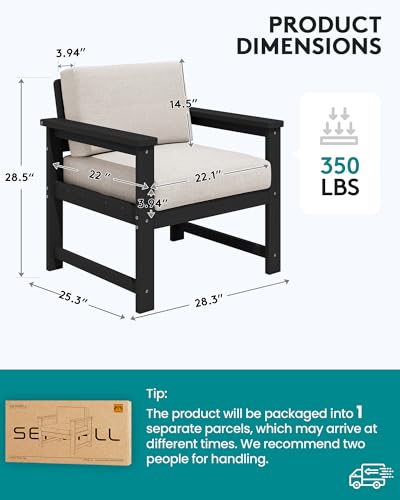 Image of SERWALL 2 Pieces Single Cushioned Sofa Armchair, Black HDPE Adirondack Outdoor Sofa Lounge with Khaki Cushion