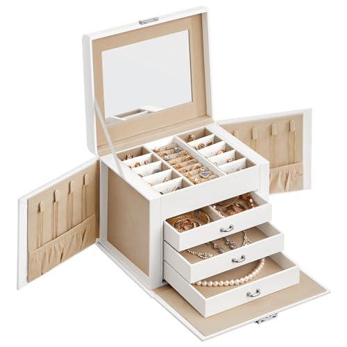 SONGMICS Caja Joyero de 4 Niveles, Caja para Joyas con Asa, 3 Cajones, Espejo, Cerradura, para Viajar, regalo dia de la madre, Superficie Blanco Nube y Forro Beige Arena JBC159W01
