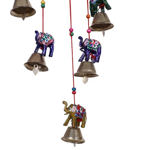 Image of Bindian Handcrafted Rajasthani Wind Chime with Bells, Multicolour, 72x23 cm, Traditional Wall Hanging for Home, Garden & Balcony (Elephant-2)