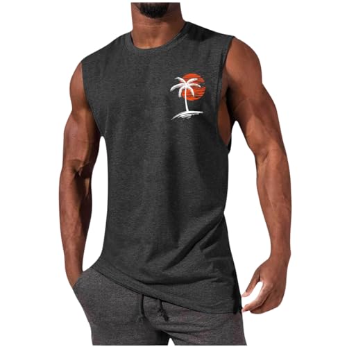 Image of Mens Summer Beach Tank Top Hawaiian Palm Tree Print Sleeveless Muscle Basic Tee Vacation Tops