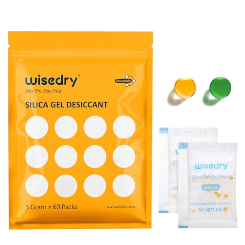 wisedry Silica Gel Sachets Bags 5 Gram x 60 Packs with Orange Beads Humidity Indicator Moisture Absorber for Air Dryer Moisture Removal, Food Grade