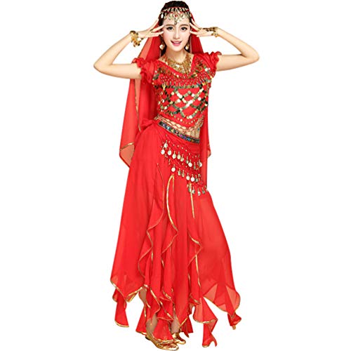 TianBin Femmes Halloween Costume de Danse du Ventre Top+Jupe+Foulard+Bracelets Selon Votre Choix (Rouge#2, Taille Unique)
