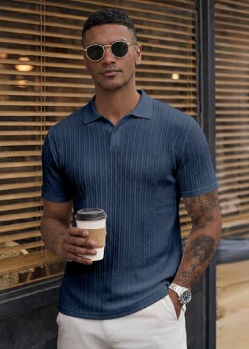 Image of JMIERR Mens Casual Polo Shirt Summer Short Sleeve Vacation Button Beach Knit Stretchy Golf Shirts