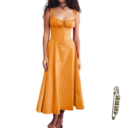 Image of Floral Corset Midi Dress Square Neck A Line Dress with Slit | Square neck floral midi dress with front tie bust wide straps A-line skirt side slit and lightweight fabric