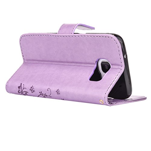 Galaxy S6 Case, Leecoco Embossed Floral 3D Handmade Bling Crystal Diamonds Butterfly With Card Slots Magnetic Flip Stand Pu Leather Wallet Case For Samsung Galaxy S6 Light Purple Bling Butterfly #TOP3