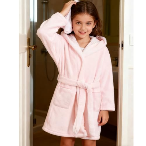 Image of Kids Bathrobe Hooded Plush Fleece Robe for Girls Boys