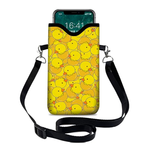 Image of Neoprene Cell Phone Sleeve Pouch Case Bag with Crossbody Strap Neck Lanyard for Women 7.1 X 3.9 in Yellow Duck