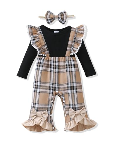 Renotemy Newborn Baby Girl Clothes Fall Winter Outfit Ribbed Romper Plaid Overalls Jumpsuit Infant Girl Outfits 0-18 Months