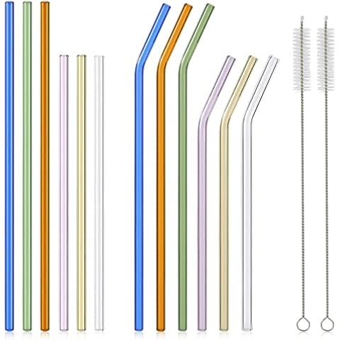 [12 Pcs] Reusable Colorful Long Glass Straws - 11" x 8mm and 9" x 8mm Shatter Resistant Each Including 3 Straight and 3 Bent with 2 Cleaning Brush Perfect for 30 oz 20 oz Tumblers Juice Coffee Cover