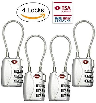 TSA Luggage Locks (4Pack) - 3 Digit Combination Padlocks - Approved Travel Lock for Suitcases & Baggage (Silver)