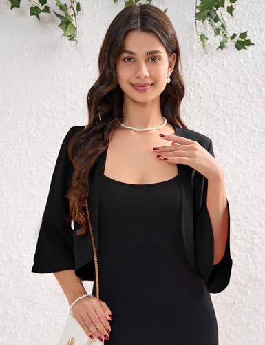 Image of Womens Cropped Blazer Casual Business 3 /4 Ruffle Sleeve,Lightweight Shrug Cropped Cardigan Tops