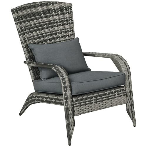 Outsunny Patio Wicker Adirondack Chair, Outdoor All-Weather Rattan Fire Pit Chair w/Soft Cushions, Tall Curved Backrest and Comfortable Armrests for Deck or Garden, Mixed Gray/Gray