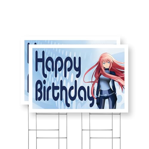 Happy Birthday Anime Yard Sign 2 Pack of 24 Inch x 36 Inch Single Sided Weatherproof Heavy-Duty Plastic with Stake | Celebration Themes, Party Decorations, Fun Designs | Made in USA