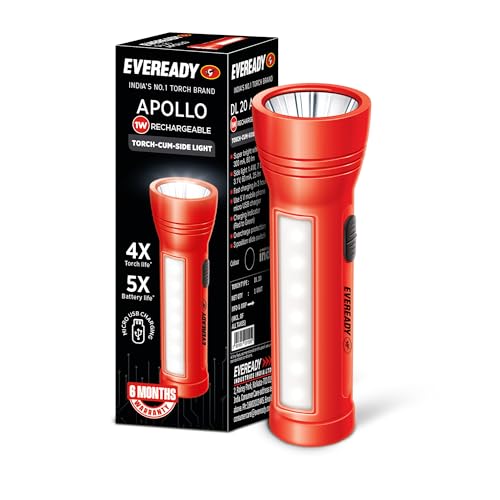 Eveready Apollo DL20, Rechargeable 1W Led Torch Cum 1.4W Emergency Sidelight/Face Light, Type-B/Micro USB Fast Charging, Overcharge & Deep Discharge P