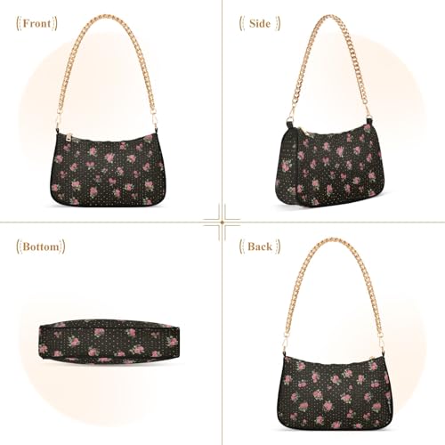 Clutch Shoulder Bags Tote Evening Purse Handbags for Women Rose Dots Floral Black Hobo Bags with Zipper Closure2
