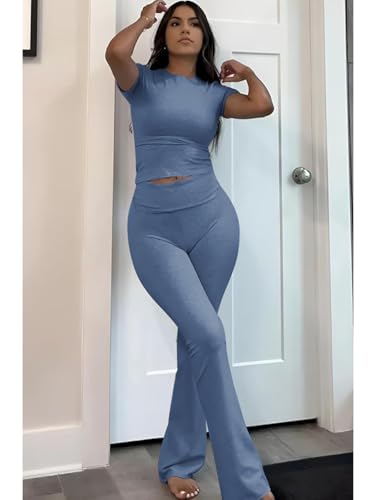 Image of ZFLM Casual Workout Two Piece Outfits for Women Short Sleeve Crop High Waist Foldover Flare Pants Tracksuit Sets Streetwear